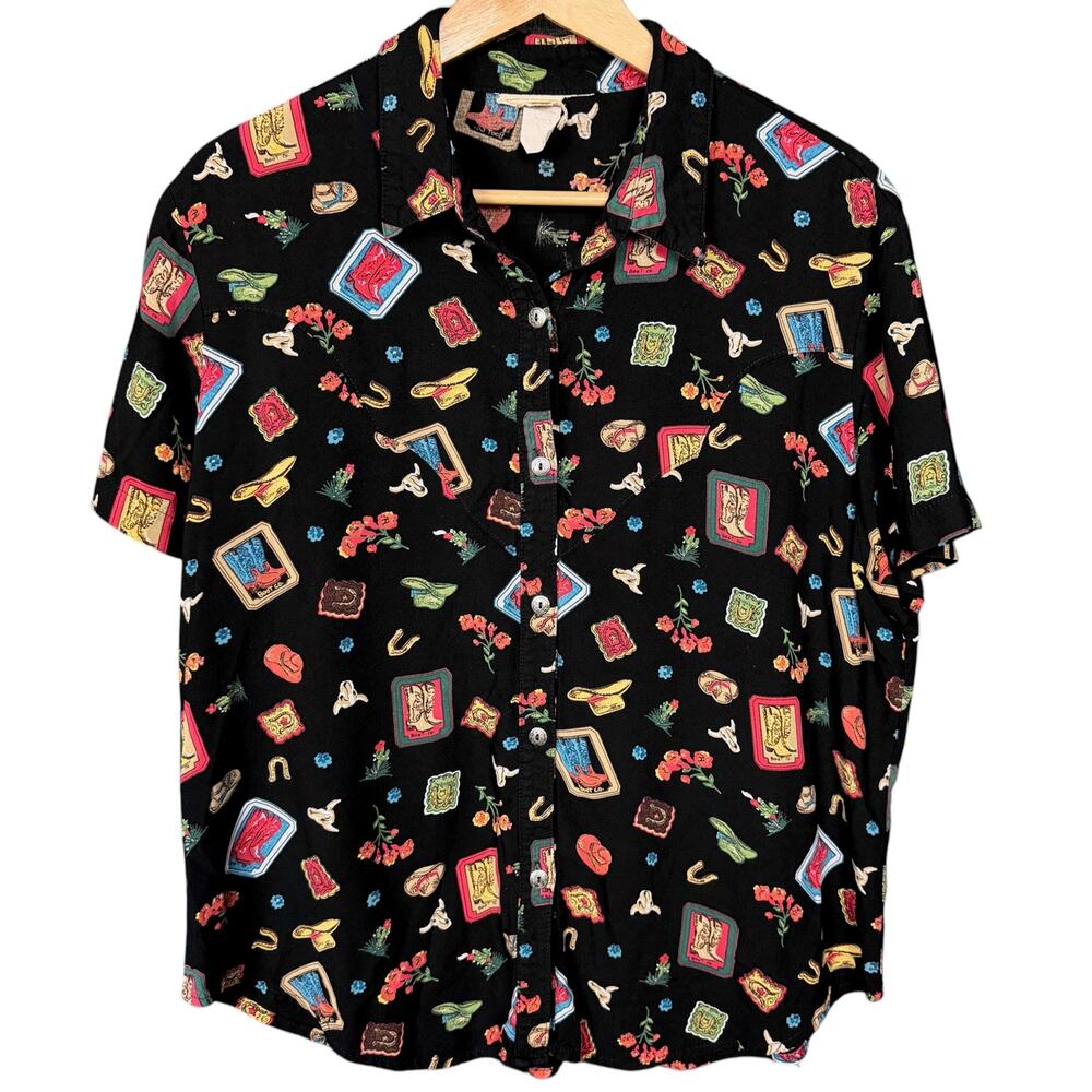 VTG Cowboy Western Print Short Sleeve Button Down Shirt Women's L Rodeo Novelty